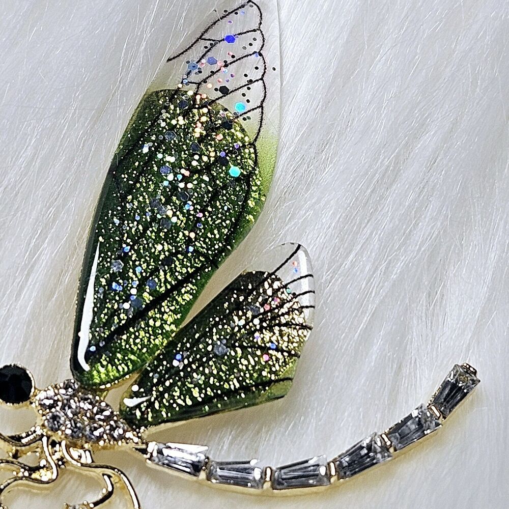 Dragonfly Brooch Pin Clear Rhinestone Green Acrylic Wings Costume Jewelry Nature - Picture 6 of 8
